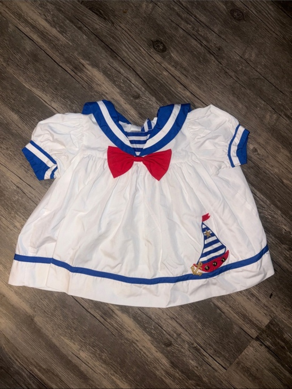 Vintage Unbranded White & Blue Sailor Toddler Dress with Red Bow 12-18
